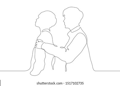 The continuous line of art is two men, one of whom holds the shoulders of the other, who is turned with his back to him. The concept of support, break in the relationship. It can be used for animation