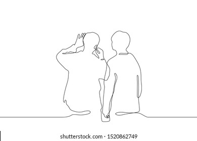 continuous line art two men stand at the blackboard one them writes  the other watches over his shoulder