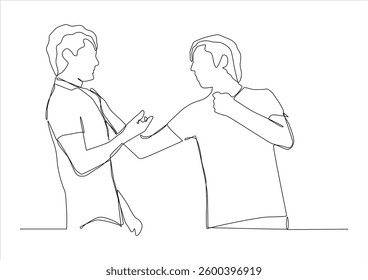 Continuous line art of two men standing facing each other in profile.