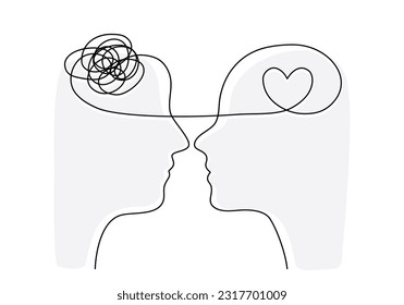 Continuous line art of two persons with stress and heart symbol, lineart vector illustration.