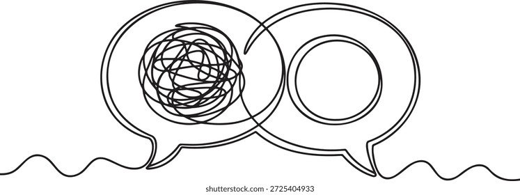 Kontinuierliche Linienkunst von zwei Sprechblasen, die chaotische Gedanken darstellen, die klar werden. Psychische Gesundheit Konzept Illustration. Kommunikation Übergang vom Chaos zum Verständnis. Minimalistisches Doodle für Therapiepsychologie und Problemlösung. Vektorskizze von Brainstorming und logischem Denkprozess.