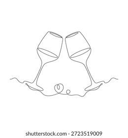 Continuous Line Art of Two Wine Glasses Toasting.Minimalist line art concept of celebration and cheering.Editable stroke vector illustration.
