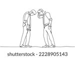 Continuous line art of two young men finding something on ground. Toss concept. Difficult decisions and friendships. Entrepreneurship. Brainstorming.  