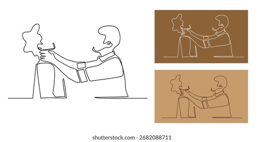 Arte lineal continuo de dos jóvenes en conflicto, dibujo minimalista de una línea que simboliza el desacuerdo, la discusión o la tensión personal.