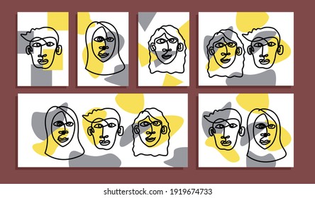 Arte de línea continua, utilizando el popular color 2021 que ilumina (amarillo) y el gris último. tres caras hechas de interesante arte abstracto para decorar tu habitación.