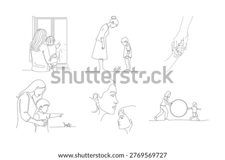 Continuous line art of various interactions between a mother and child, exploring nature, and sharing tender moments.