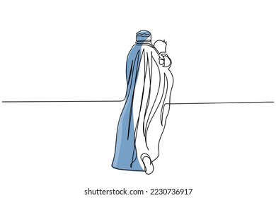 Continuous line art vector of afghan refugees. Muslim world crises. Human Rights concept. In search of harmony peace and basic needs of life. Poster and banner design.