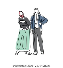 continuous line art vector of an arab couple. arab couple in business world. arab entrepreneurs 