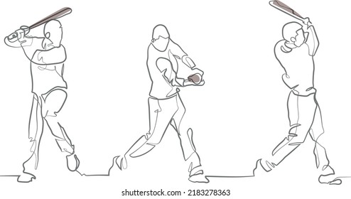 Continuous Line Art Vector: Baseball Batter Hit Homerun, Swing Baseball Bat, Baseball Player Training 