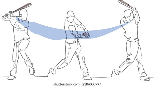 Continuous Line Art Vector: Baseball Batter Hit Homerun, Swing Baseball Bat, Baseball Player Training 