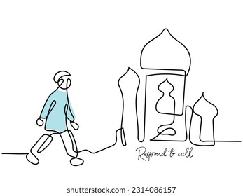 continuous line art vector of call to prayer. Muslim going to mosque to pray. 