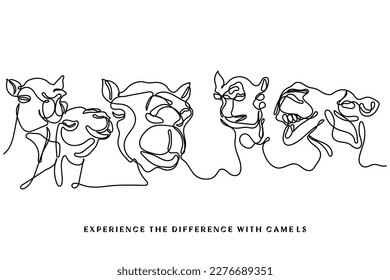 Continuous line art vector of camels. Arabic wild journey of desert with camels.