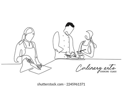 Continuous line art vector design of chef busy in cooking. Culinary arts. Cooking class poster elements.