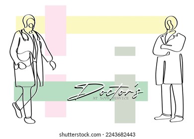 Continuous line art vector art of doctors. Poster or banner or social media post template. Isolated doctor vector.