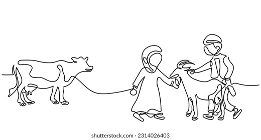 continuous line art vector of eid ul adha. Muslim religious tradition being celebrated in the festival of eid.