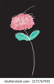 Continuous line art vector of flower with watercolor and black background.