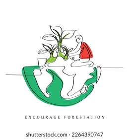 continuous line art vector of forestation concept. Encourage plantation and grow new forests. Forests day awareness.