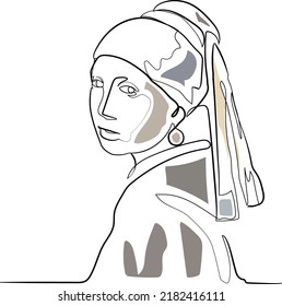 Continuous Line Art Vector: Girl With A Pearl Earring. Famous Art Painting. One Line Drawing