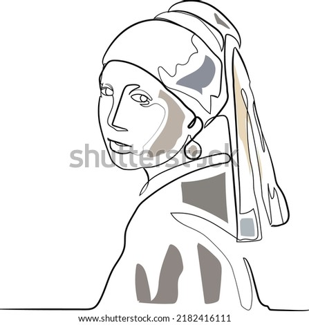 Continuous Line Art Vector: Girl with a pearl earring. Famous Art Painting. One line drawing