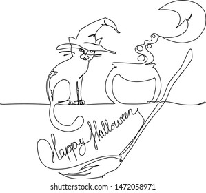 continuous line art vector halloween illustration of cat in witch hat, with witch cauldron, witches broom, smiling moon in the sky and text happy halloween on white background