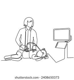 
continuous line art vector illustration Female doctor doing ultrasound of girl in clinic