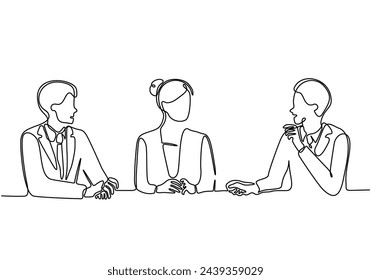 continuous line art vector illustration of business people talking at a meeting in the office