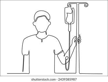 continuous line art vector illustration Bald man with pipette getting chemo treatment