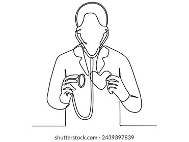 continuous line art vector illustration Male cardio surgeon holding stethoscope and heart offering to undergo examination