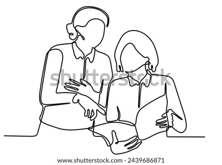 continuous line art vector illustration Woman reading a magazine and discussing fashion trends or articles by journalists with city news