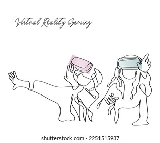 Continuous line art vector of kids wearing Virtual reality headset. Futuristic tech and its influence on kids.