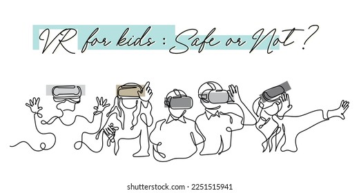Continuous line art vector of kids wearing Virtual reality headset. Futuristic tech and its influence on kids.