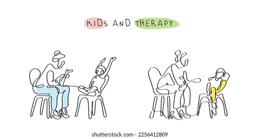 Continuous line art vector of a kids therapist. Child therapy concept art. School Counselor. Poster or postcard doodle art. professional help for autism awareness art.