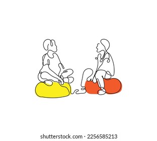 continuous line art vector of little friends sitting on a small comfy sofa chair. 