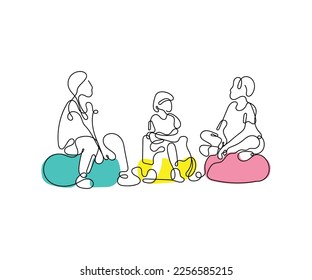 continuous line art vector of little friends sitting on a small comfy sofa chair. 