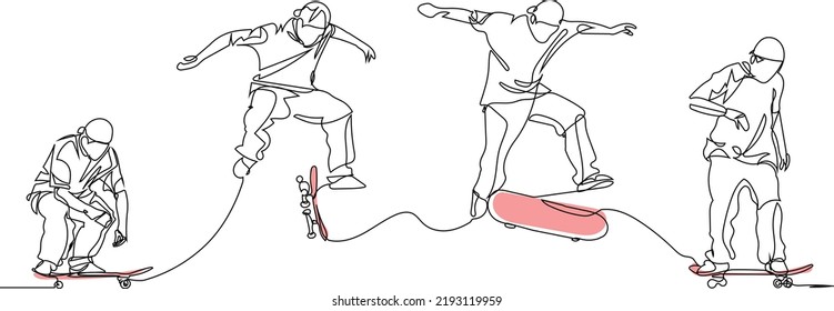 Continuous line art vector minimalist flatground skateboarding trick freestyle roller extreme sport