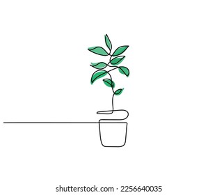 Continuous line art vector plant doodle  Green leaves   Plant pot 