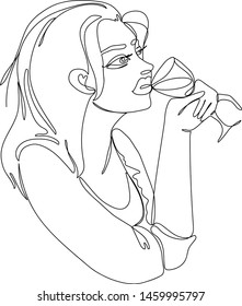 continuous line art vector portrait illustration of young beautiful sad woman with long hair, big eyes and lips, with wine glass in her hand on white background