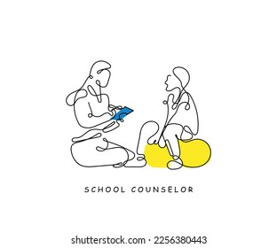 Continuous line art vector of a school counselor in a session with a school girl. Student teacher concept.