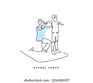 continuous line art vector of a school coach with a student. Exercise and physiotherapy concept art.