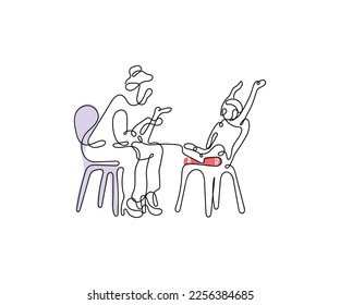 Continuous line art vector of a school counsellor in session with a kid suffering from ADHD. Kids Psychology concept art.