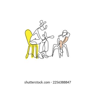 continuous line art vector of a school counselor sitting with a sad child suffering from ADHD. 