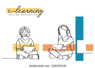Vector de línea continua de arte de los estudiantes en el aprendizaje grupal en línea. Aprendizaje digital. Clases virtuales. Aprendiendo a divertirse.
