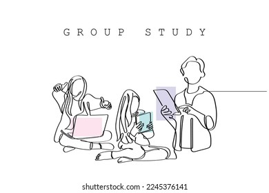 Continuous line art vector of students in group Online learning. Digital learning. Virtual classes. Learning fun way.
