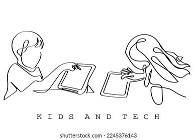 Continuous line art vector of students in group Online learning. Digital learning. Virtual classes. Learning fun way.