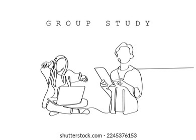 Continuous line art vector of students in group Online learning. Digital learning. Virtual classes. Learning fun way.