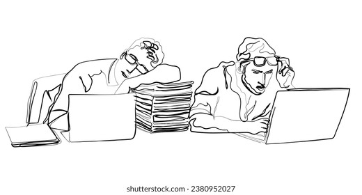 Continuous line art vector of two young men busy working in office. Overworked colleagues. Hardworking individuals concept at. Hand drawn vector.
