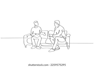 continuous line art vector of a young man discussing some important matter with a senior person. Father and son open talk concept psychology.