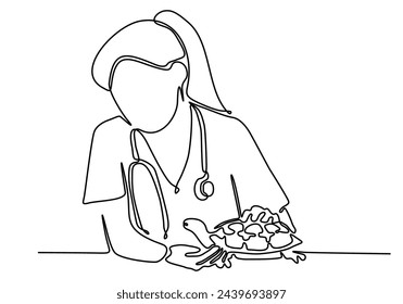 
continuous line art of veterinarian caring for turtle