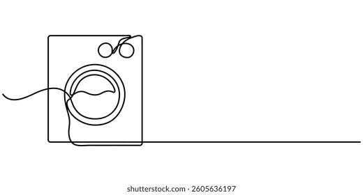  Continuous Line Art of Washing Machine Line Drawing on White Background. Laundry One Line Abstract Concept for Minimalist Design. Washing Machine Contour Abstract Drawing. Vector Illustrator.