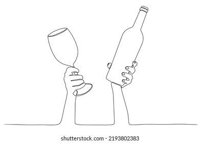 Continuous line art of Wine bottle and glass in hands on isolated white background, Black outline vector, illustration
